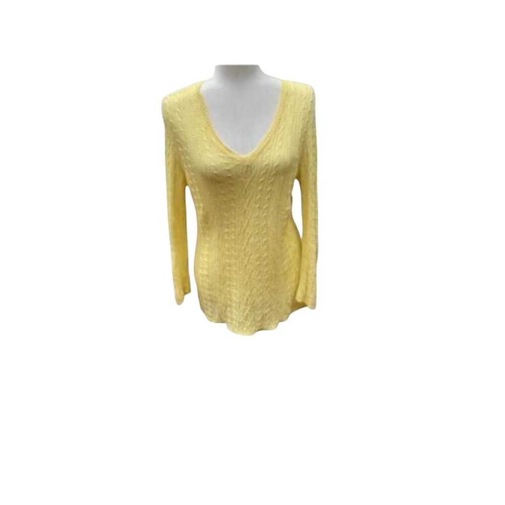 Lauren Ralph Lauren Yellow Cable Knit V-Neck Sweater Womens M 100% Linen